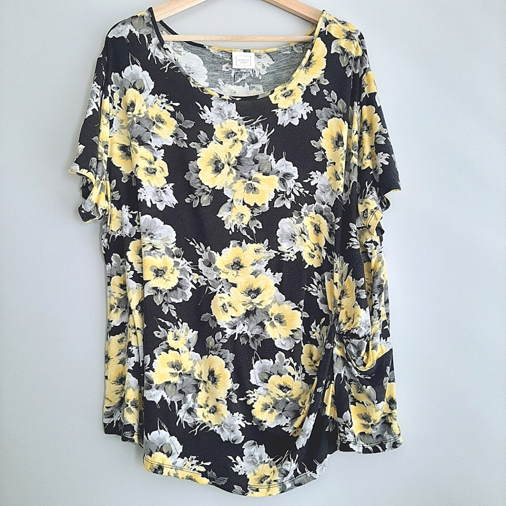 🍒 MARINA LUNA Side Knot Soft Short Sleeve Floral Top Sz 3X
